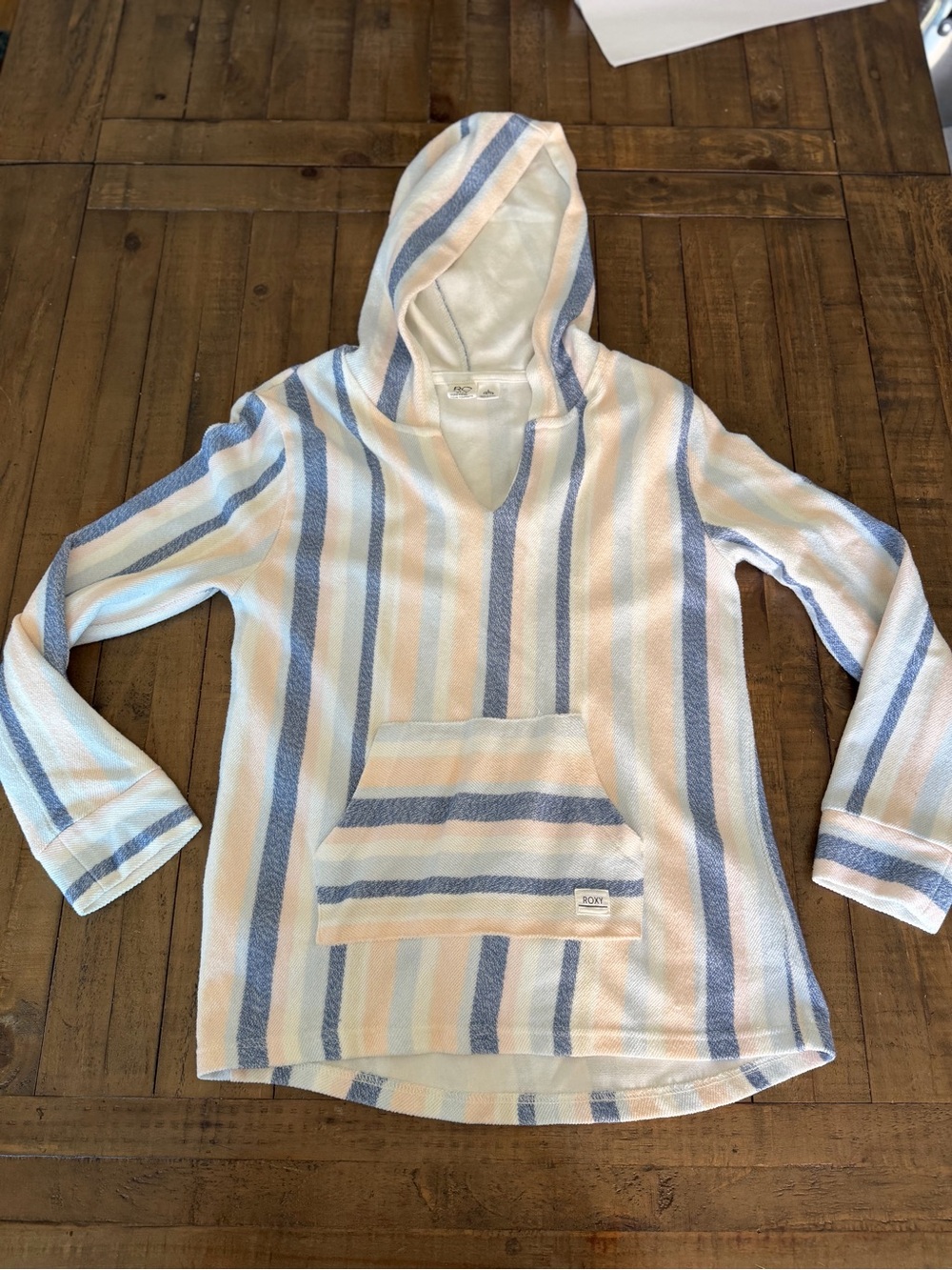 Roxy Striped Hooded Pullover - Blue & Cream & Light Pink